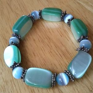 Gorgeous Blue Green Stone Stretch Bracelet Glowing Beaded EUC